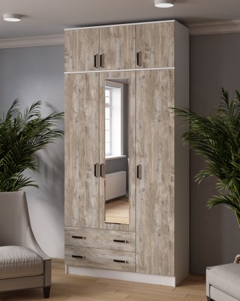 Шкаф Лагуна с антресолью с зеркалом дуб юкон (Текс) в Ивделе - ivdel.mebel-e96.ru